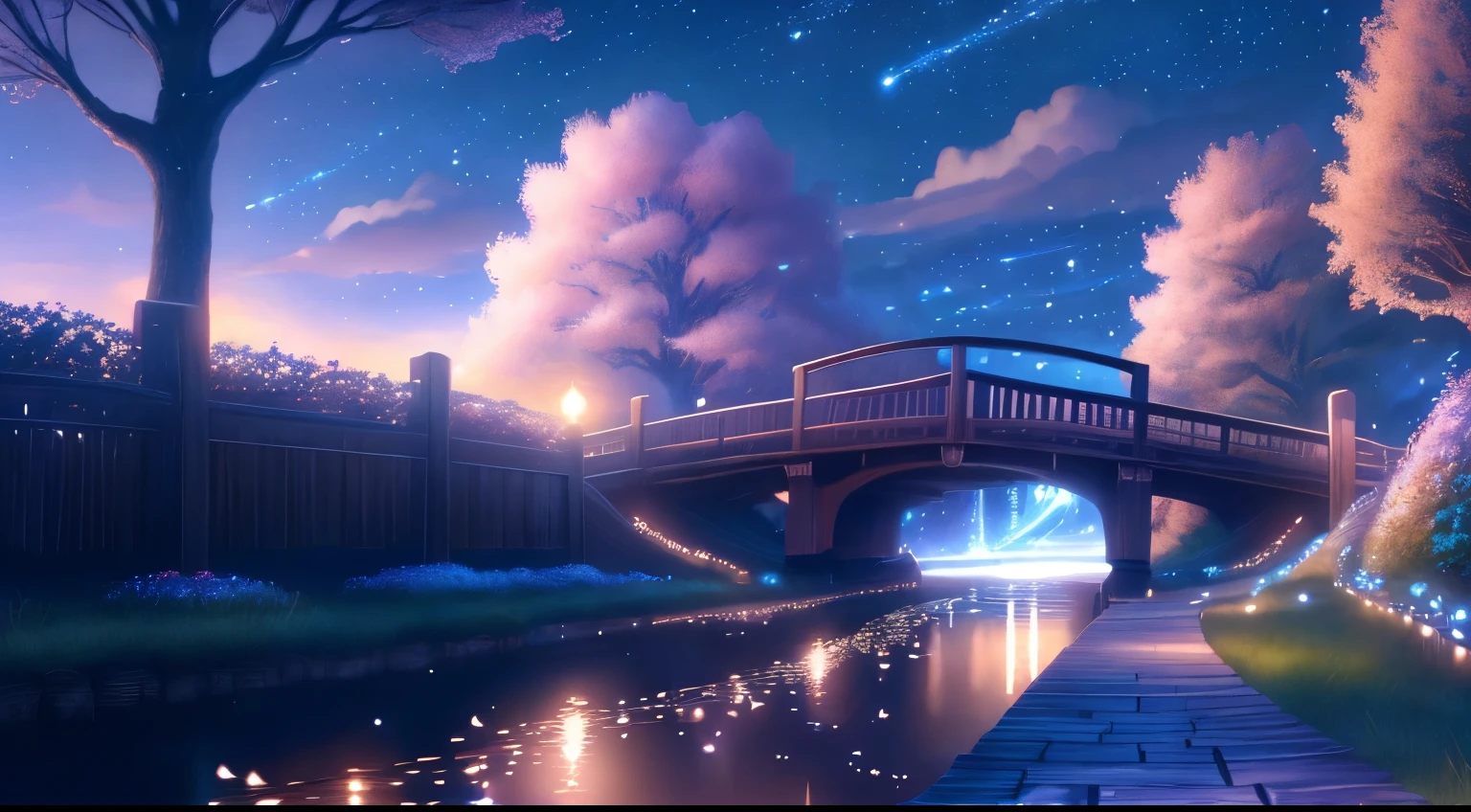 Stars in clouds, long path without people, next to a wooden bridge, beautiful flowers next to the bridge, river flowing under the bridge, shadow of a tree, beautiful anime scene, beautiful anime scenery, night sky, anime art, 8k wallpaper