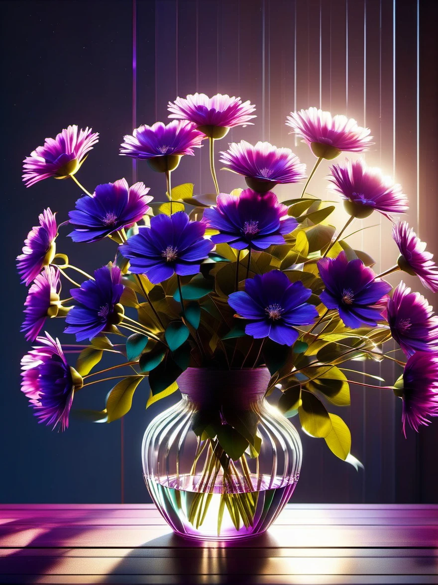 best quality，masterpiece1.2，(Tyndall effect:1.2), scattering light, ray tracing, single purple flower in transparent vase, dark room, detailed lighting, refracted, (particle), ultra detailed game, unity