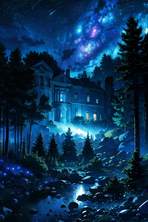 Landscape, mansion, sky, galaxy, comets, stars, forests