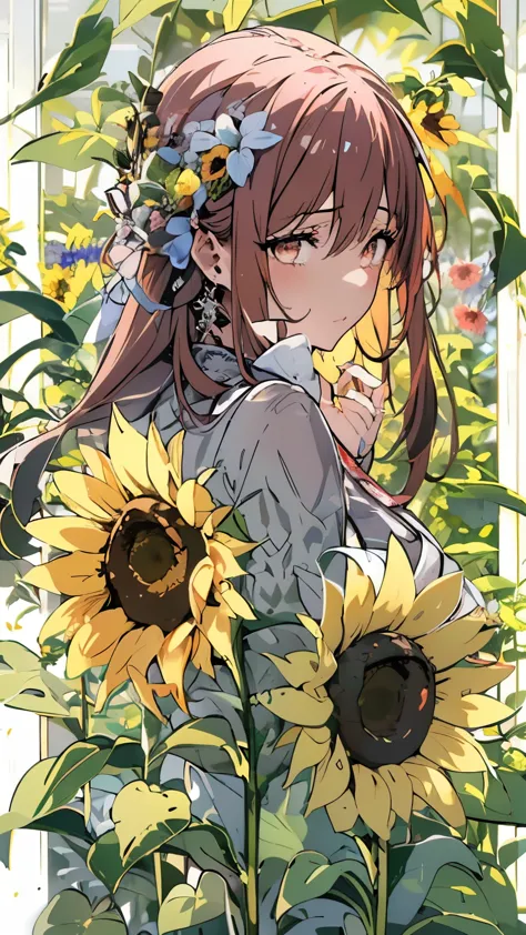 Anime girl laying in sunflower field with her hands on her head 