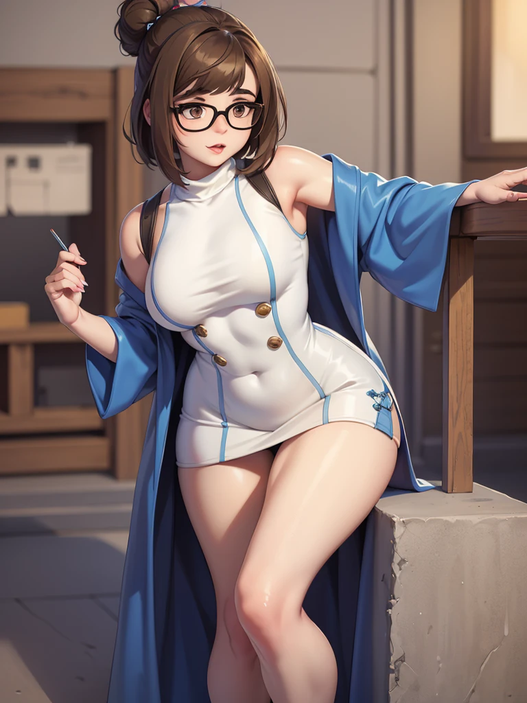 best quality,masterpiece,detailed,16k,8k,(fullbody shot), realistic hands, MeiOver, 1girl, black-framed eyewear, brown hair, glasses, solo, brown eyes, hair ornament, hair bun, short hair, single hair bun, hair stick, full body, lips, bangs, blue turtle neck dress, sleeveless, bare shoulders, white mini skirt, nose, closed mouth, swept bangs, realistic, 22_years_old, sexual_expression)), ((masterpiece, photorealistic, best quality, perfect face, perfect hands, perfect mouth, perfect eyes, perfect body)),