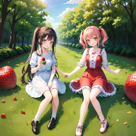 (photorealistic:1.37)、octane rendering、Morning park、Strawberry dress、Girl has twin tail hairstyle and smiles、strawberries fall f...