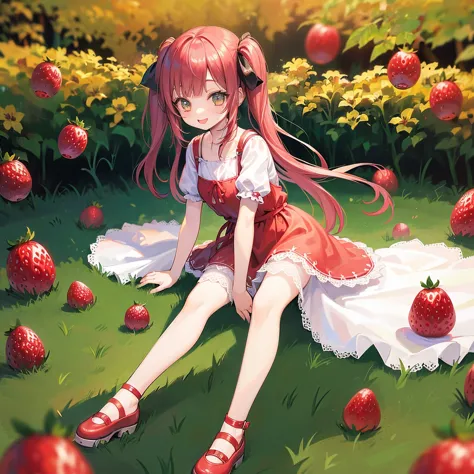 (photorealistic:1.37)、octane rendering、Morning park、Strawberry dress、Girl has twin tail hairstyle and smiles、strawberries fall f...