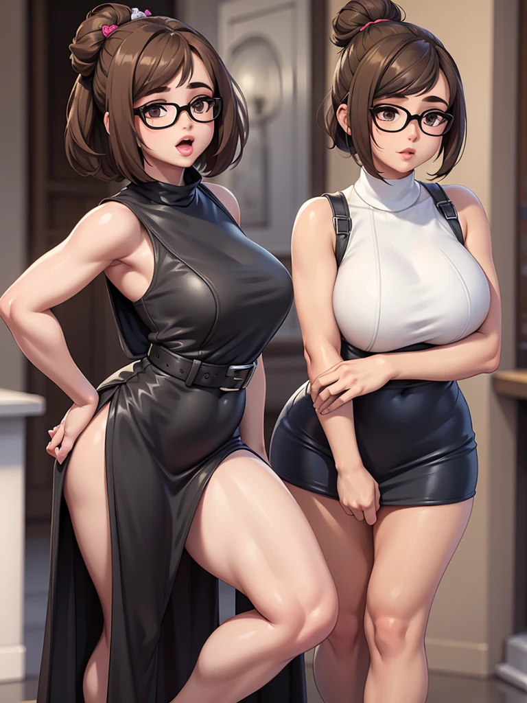 best quality,masterpiece,detailed,16k,8k,(fullbody shot), realistic hands, MeiOver, 1girl, black-framed eyewear, brown hair, glasses, solo, brown eyes, hair ornament, hair bun, short hair, single hair bun, hair stick, full body, lips, bangs, black turtle neck dress, sleeveless, bare shoulders, pink mini skirt, nose, closed mouth, swept bangs, realistic, 22_years_old, sexual_expression)), ((masterpiece, photorealistic, best quality, perfect face, perfect hands, perfect mouth, perfect eyes, perfect body)),