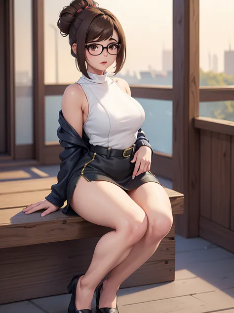 best quality,masterpiece,detailed,16k,8k,(fullbody shot), realistic hands, MeiOver, 1girl, black-framed eyewear, brown hair, gla...