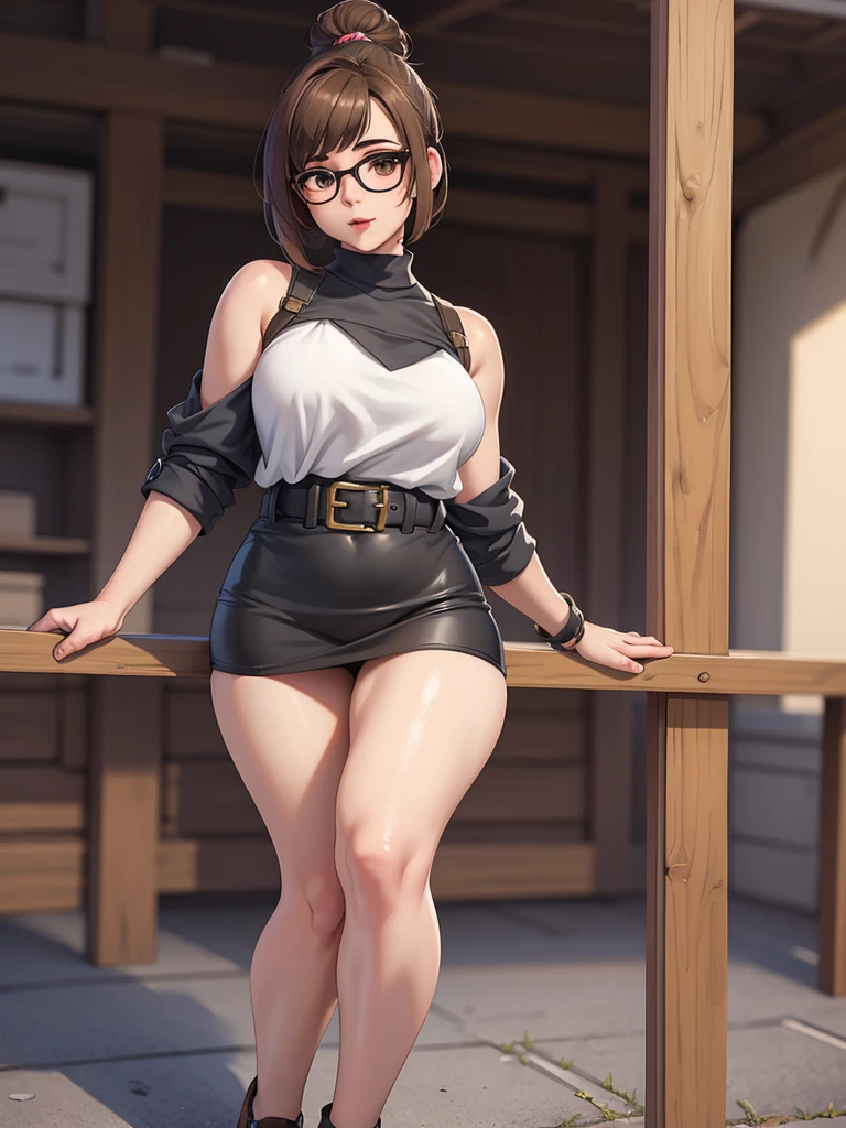 best quality,masterpiece,detailed,16k,8k,(fullbody shot), realistic hands, MeiOver, 1girl, black-framed eyewear, brown hair, glasses, solo, brown eyes, hair ornament, hair bun, short hair, single hair bun, hair stick, full body, lips, bangs, black turtle neck, sleeveless, bare shoulders, pink mini skirt, nose, closed mouth, swept bangs, realistic, 22_years_old, sexual_expression)), ((masterpiece, photorealistic, best quality, perfect face, perfect hands, perfect mouth, perfect eyes, perfect body)),