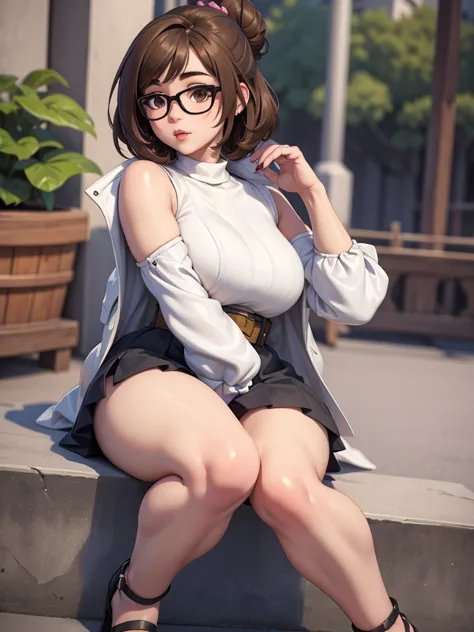 best quality,masterpiece,detailed,16k,8k,(fullbody shot), realistic hands, meiover, 1girl, black-framed eyewear, brown hair, gla...