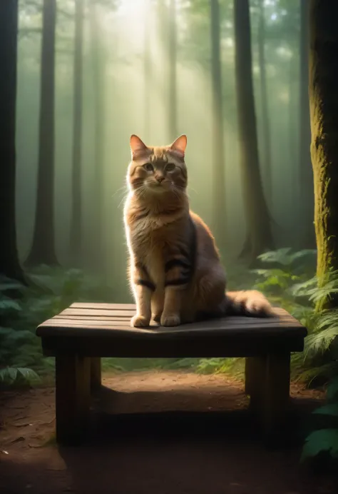 (Tyndall effect: 1.1), how light is dispersed and scattered, foggy forest, Cat sitting on a bench in a forest with trees, and the Tyndall effect allows light to shine through and illuminate the cat.