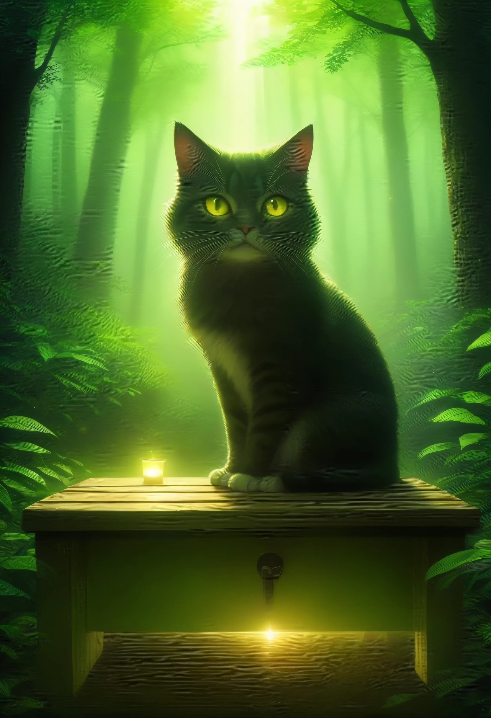 (Tyndall effect: 1.1), how light is dispersed and scattered, foggy forest, Cat sitting on a bench in a forest with trees, and the Tyndall effect allows light to shine through and illuminate the cat