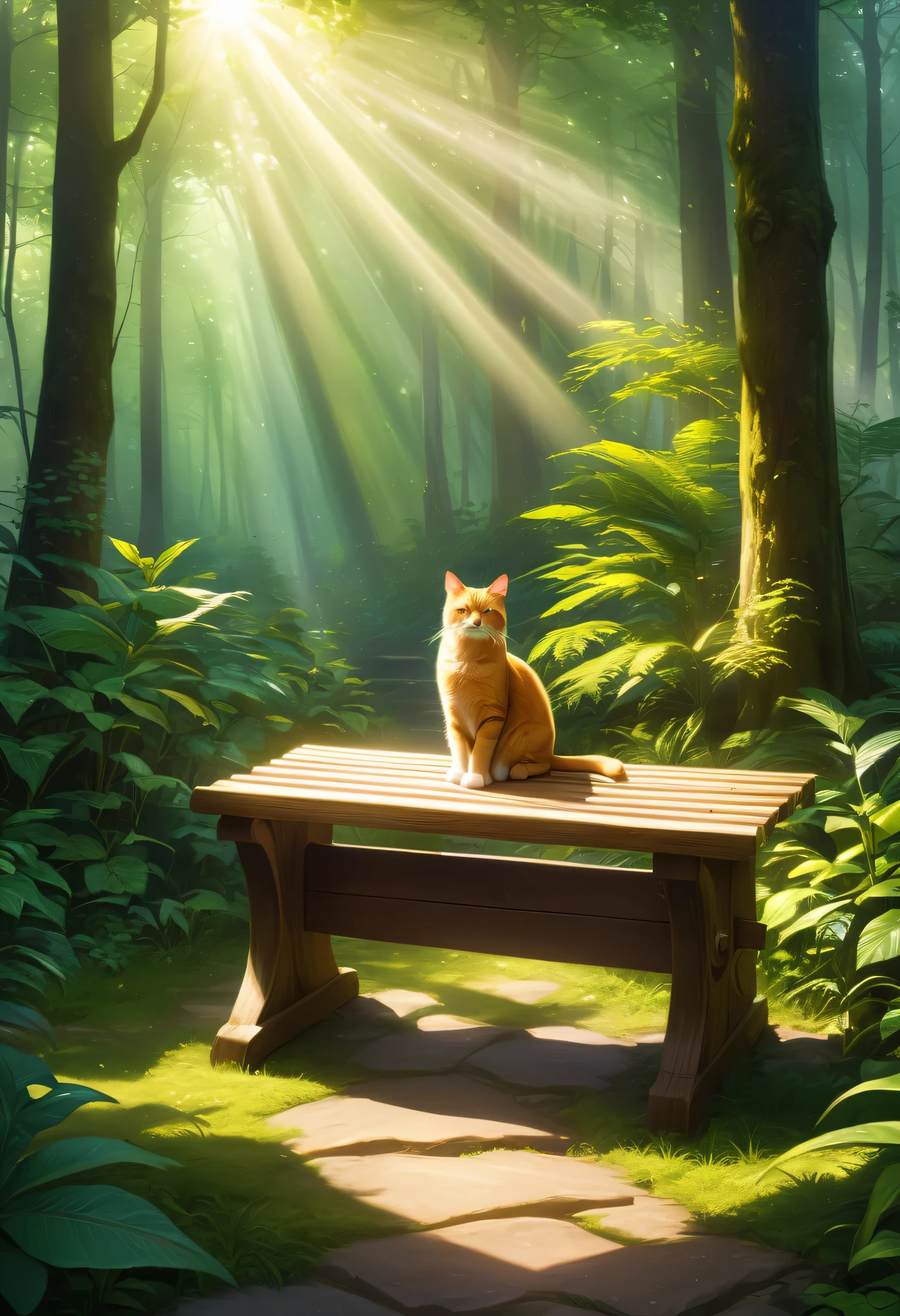 (틴들 효과: 1.1), 빛이 어떻게 분산되고 산란되는지, 안개가 자욱한 숲, 나무가 있는 숲 속의 벤치에 앉아 있는 고양이, and the 틴들 효과 allows light to shine through and illuminate the cat