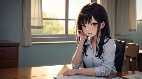 a junior high school student, female, (beautiful and cute), solo character, sit at the desk, turn her head down to look at the t...