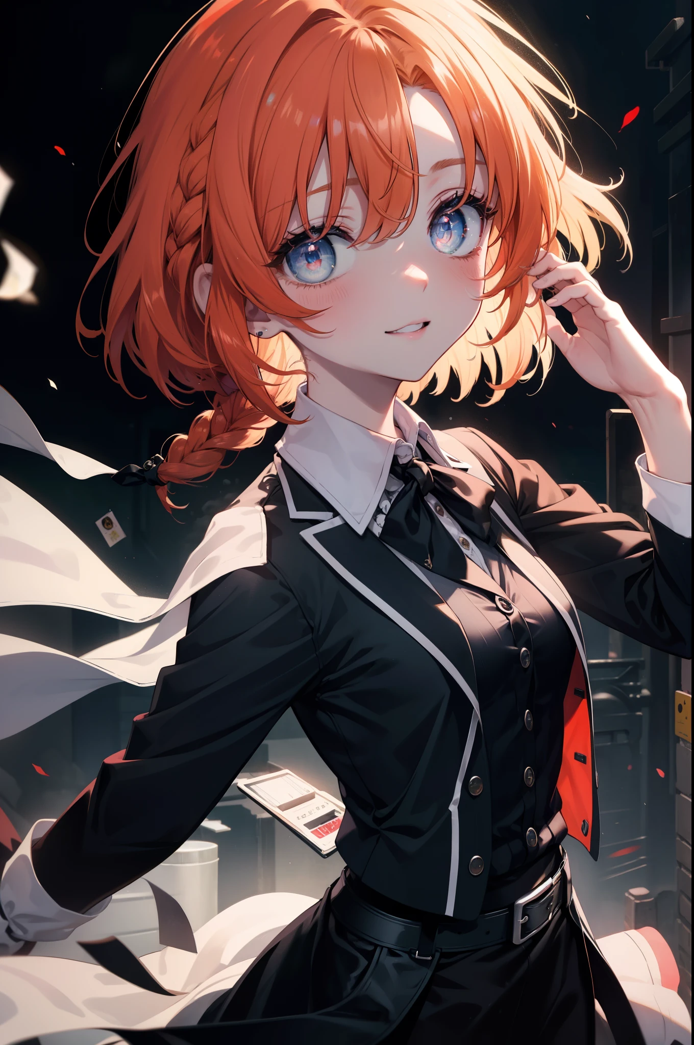 Rena Ryugu, rena ryuuguu, orange hair, long hair, short braid,hair blue eyes, smile, grin and laugh,black suit jacket, collared jacket, white dress shirt, collared shirt, neckline, button, strap, ID card on neck, black pencil skirt, black pantyhose, looking at the viewer, (small breasts:1.2)creepy laughter, dead eyes,Psychopath horror,Bloodstained,blood drops,Spooky、Murder scene, serial killer, bathed in blood,Clothes with blood on them，
break looking at viewer,
break indoors, office,
break (masterpiece:1.2), highest quality, High resolution, unity 8k wallpaper, (figure:0.8), (detailed and beautiful eyes:1.6), highly detailed face, perfect lighting, Very detailed CG, (perfect hands, perfect anatomy),