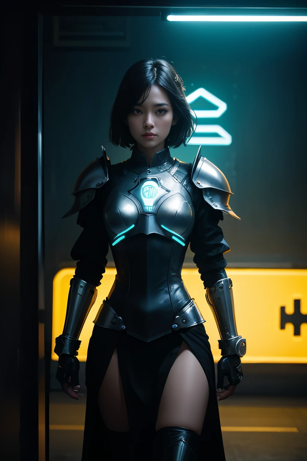 
A beautiful young woman, knight, armor without helmet, neon details, RGB lights on, robe, HUD visor on, / light sword, energy sword, ciberpunk details, control panel wrist, holographic badge, / medieval castle with graffiti, neon signs, / brave looking, tradicional warrior, technology anarchy