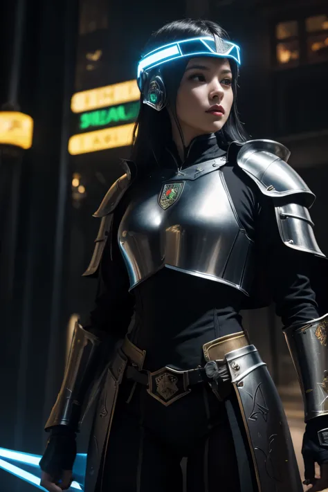 
A beautiful young woman, knight, armor without helmet, neon details, RGB lights on, robe, HUD visor on, / light sword, energy s...