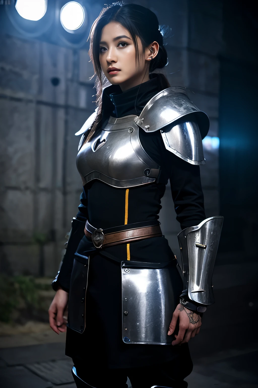 
A beautiful young woman, knight, armor without helmet, neon details, RGB lights on, robe, HUD visor on, / light sword, energy sword, ciberpunk details, control panel wrist, holographic badge, / medieval castle with graffiti, neon signs, / brave looking, tradicional warrior, technology anarchy, daylight 