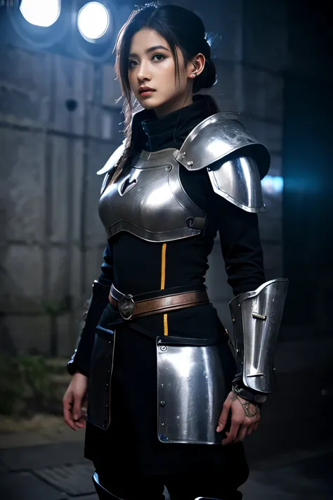 
A beautiful young woman, knight, armor without helmet, neon details, RGB lights on, robe, HUD visor on, / light sword, energy s...