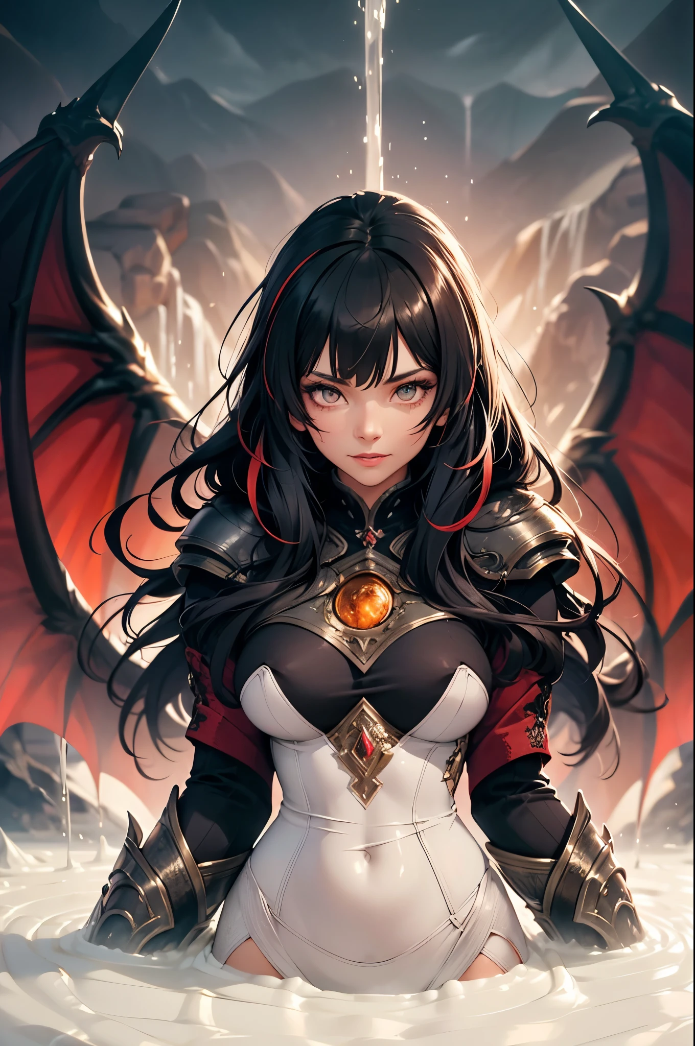 (best quality,ultra-detailed),a girl with dragon-like appearance,beautiful detailed eyes,beautiful detailed lips,extremely detailed facial features,long eyelashes,dragon scales covering her body,shimmering in vibrant colors,dark and mysterious atmosphere,smoke and fire effects,heavily detailed dragon wings,engulfed in ethereal light,emitting a powerful aura,fantasy illustration,hypnotizing gaze,dragons flying in the background,creating a majestic scene,impressive and dynamic perspective,detailed landscape with mountains and waterfalls,impressive level of detail in the surrounding nature,highly textured with intricate patterns,professional artwork,unique and captivating art style,rich and vibrant color palette,creating a sense of awe, having sex, bukaKke