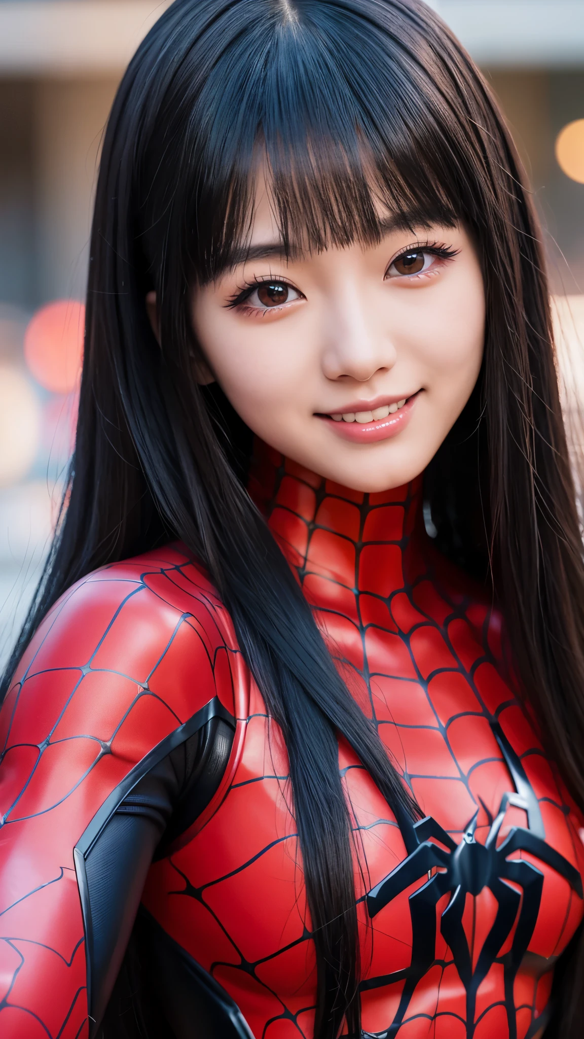 A close up of a woman in a spider - man costume posing for a picture -  SeaArt AI