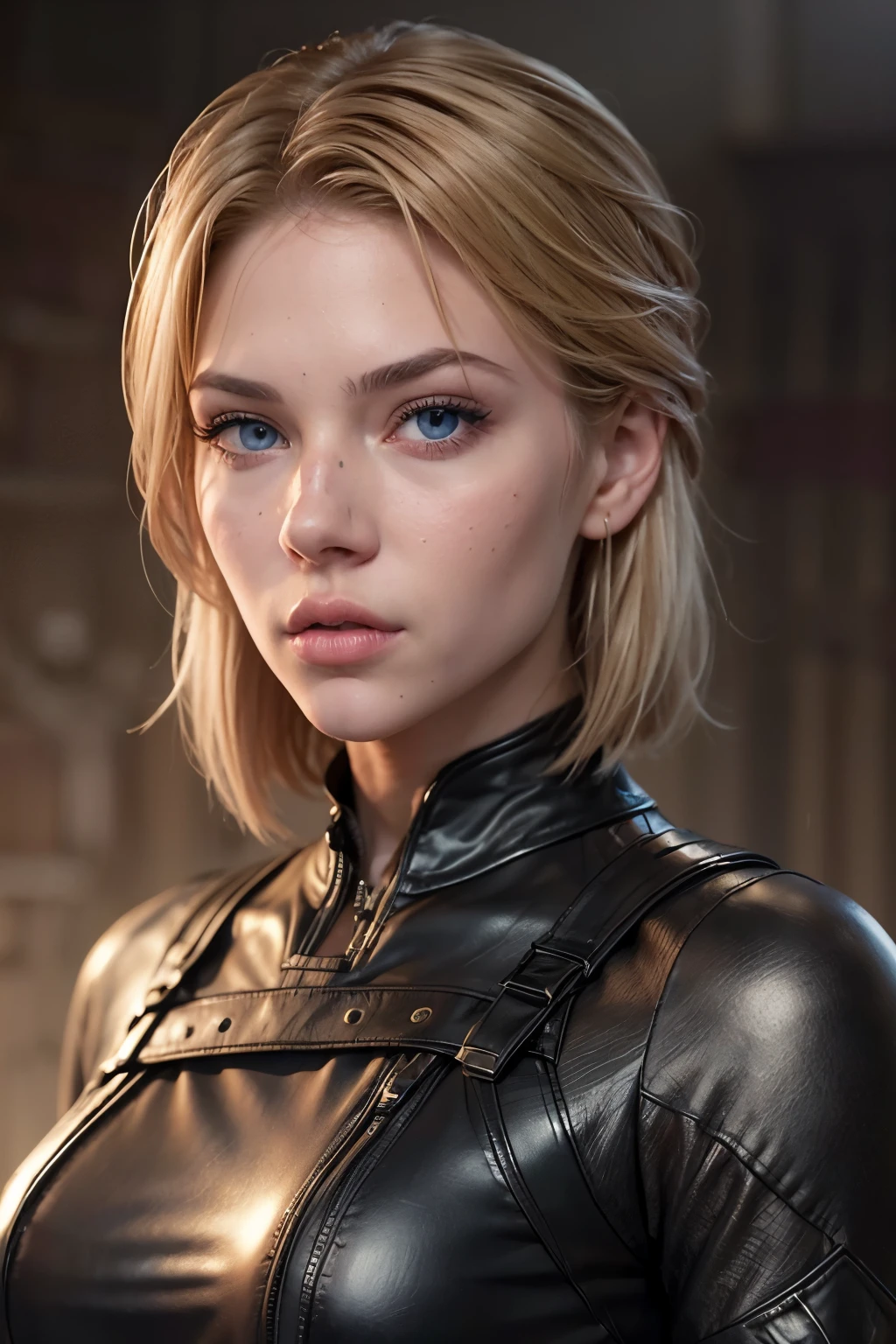 ((Visage d&#39;AlexiaThompson01R)). belle fille blonde. parfait, blonde cheveux, short cheveux, straight cheveux, short cheveux, yeux bleus. Oeil bleu vif. loose cheveux, cheveux. cheveux falling over one eye, Bangs emo. Lèvres roses. parfait, peau blanche. nez fin, menton fin. visage de profil, visage de côté. ((Tout le corps))((vue de face)) (combinaison tactique, costume d&#39;espionnage, tenue en cuir, des vêtements serrés, combinaison, vêtements noirs, tenue de veuve noire)