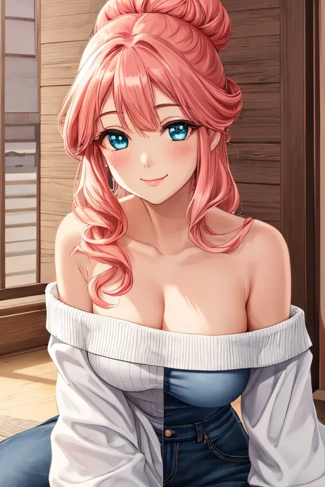 gyokuha, gyokuha妃, (1 girl:1.), (solo:1.3), long hair, pink hair, bun hair, single hair, (white off-shoulder knit:1.3), (denim l...