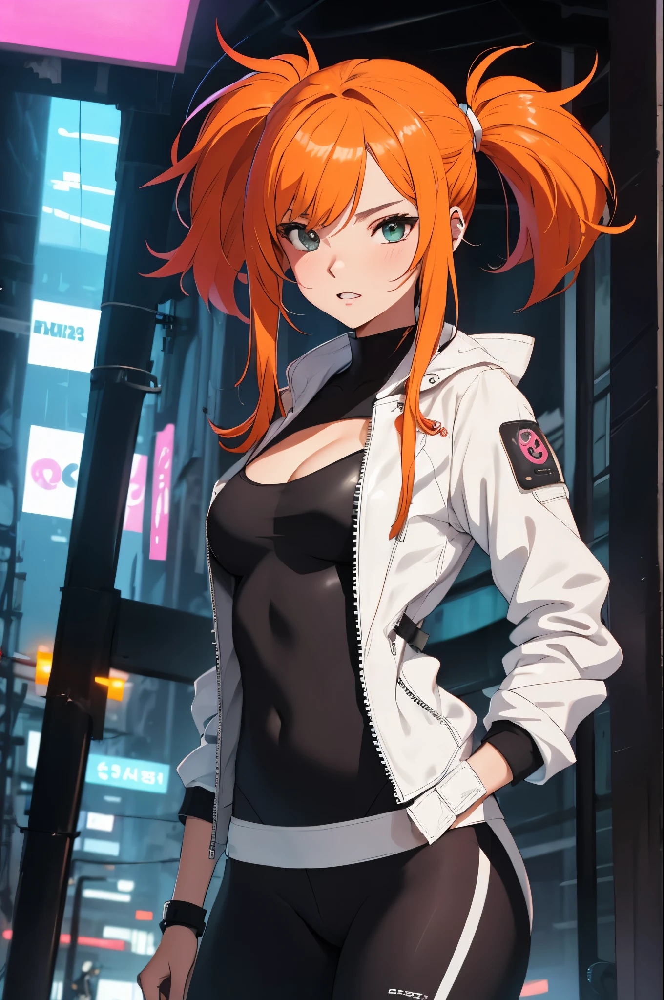 Draw a manga-style character with a physical appearance with this form of the hair Orange with black highlights, tied into two ponytails shaped like jaws, similar to Mawile from Pokémon, Eyes Pink, bright, and expressive and Build Slim and athletic, Attire Upper Body White leather jacket with cyberpunk details, such as integrated LED lights or futuristic lines, Lower Body Sporty bikini in orange, white, and black colors, blending with the cyberpunk style while allowing freedom of movement for physical activities, Personality Creative and curious Always seeking new experiences and forms of expression, Her creative mind drives her to constantly explore new ideas and concepts, dos chicas tentaculos lindo ，longitud media del cabello