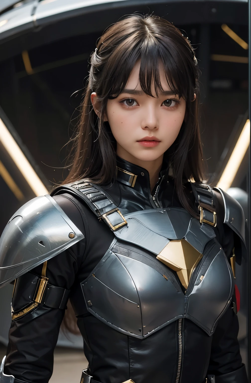 A beautiful woman. Dark brown hair. She has her bangs cut straight across her forehead. Twenty years old. She wears a metallic black battle uniform. There is something on her waist that reminds me of Kamen Rider's transformation belt. She is looking at the camera with a defiant expression. She's inside the spaceship's hangar.