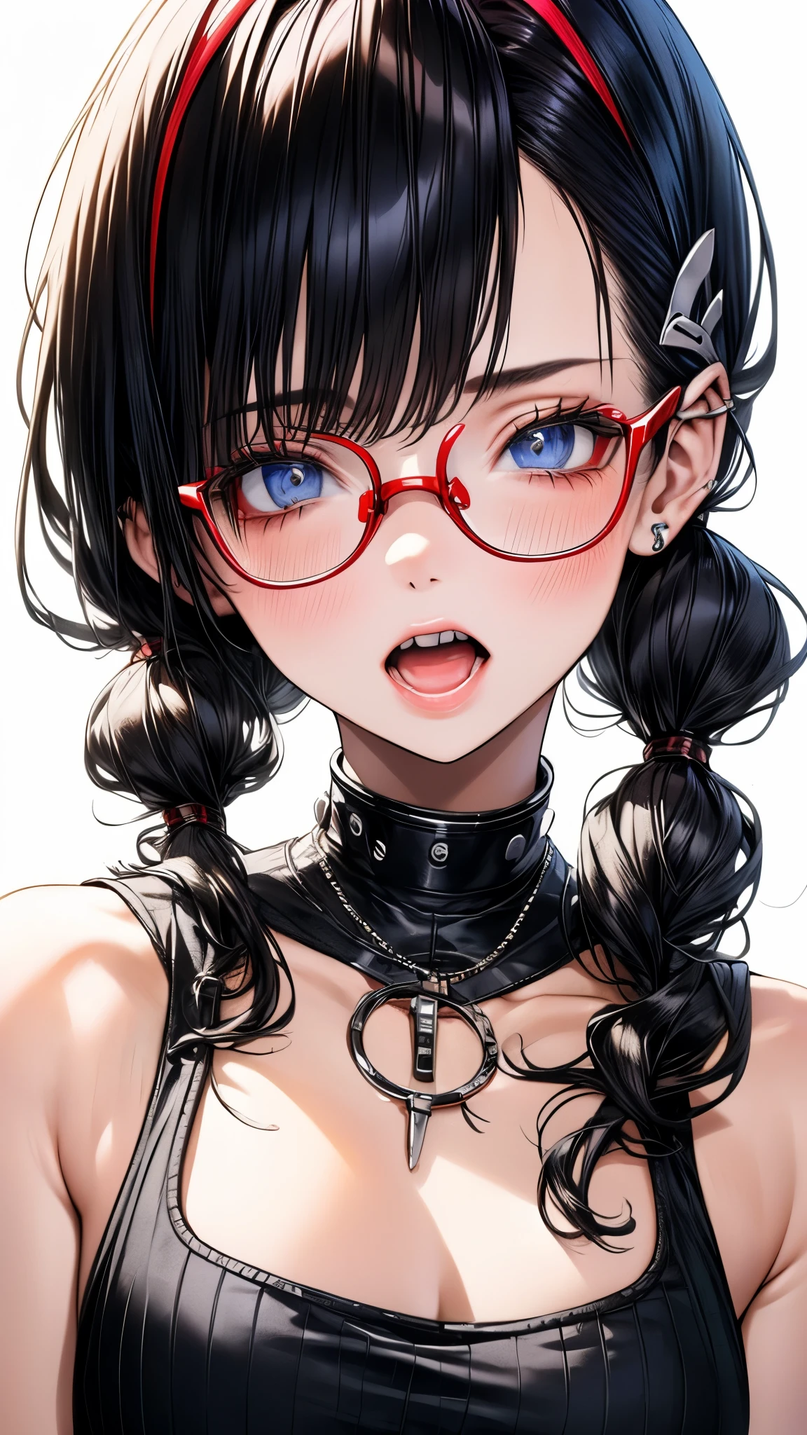 1 female,black hair, ,((impatient look)),beautiful breasts,thin white tank top,good style,,(facing the front)(((cheeks turn red、surprised expression)),(((Underponytail))),((( upper body portrait)))frameless glasses,blue eyes,(((The bangs are even)))((See-through))(wet state)