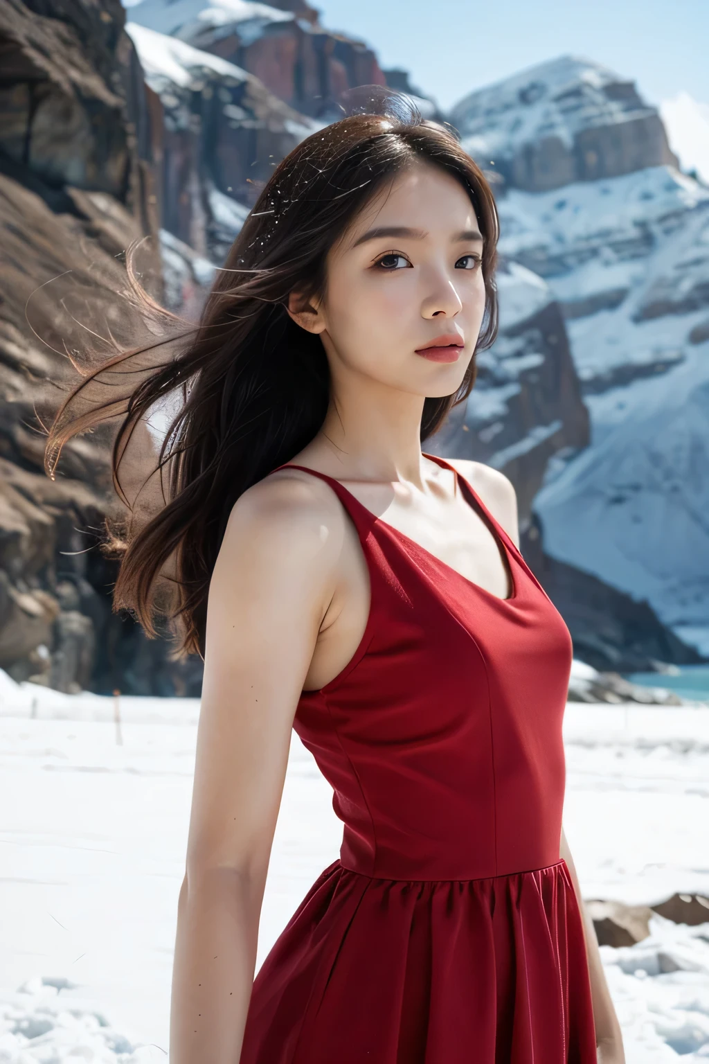 masterpiece, best quality, actual, photoactual, official art, Very detailed, Upper body, 1 girl, red dress, Ice and Snow World, alone, skinny, wind, looking at camera，open eyes