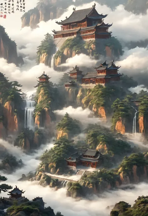 Chinese landscape painting，Landscape artistic conception，Zen aesthetics，Zen composition，Ancient Chinese architectural complex，cl...