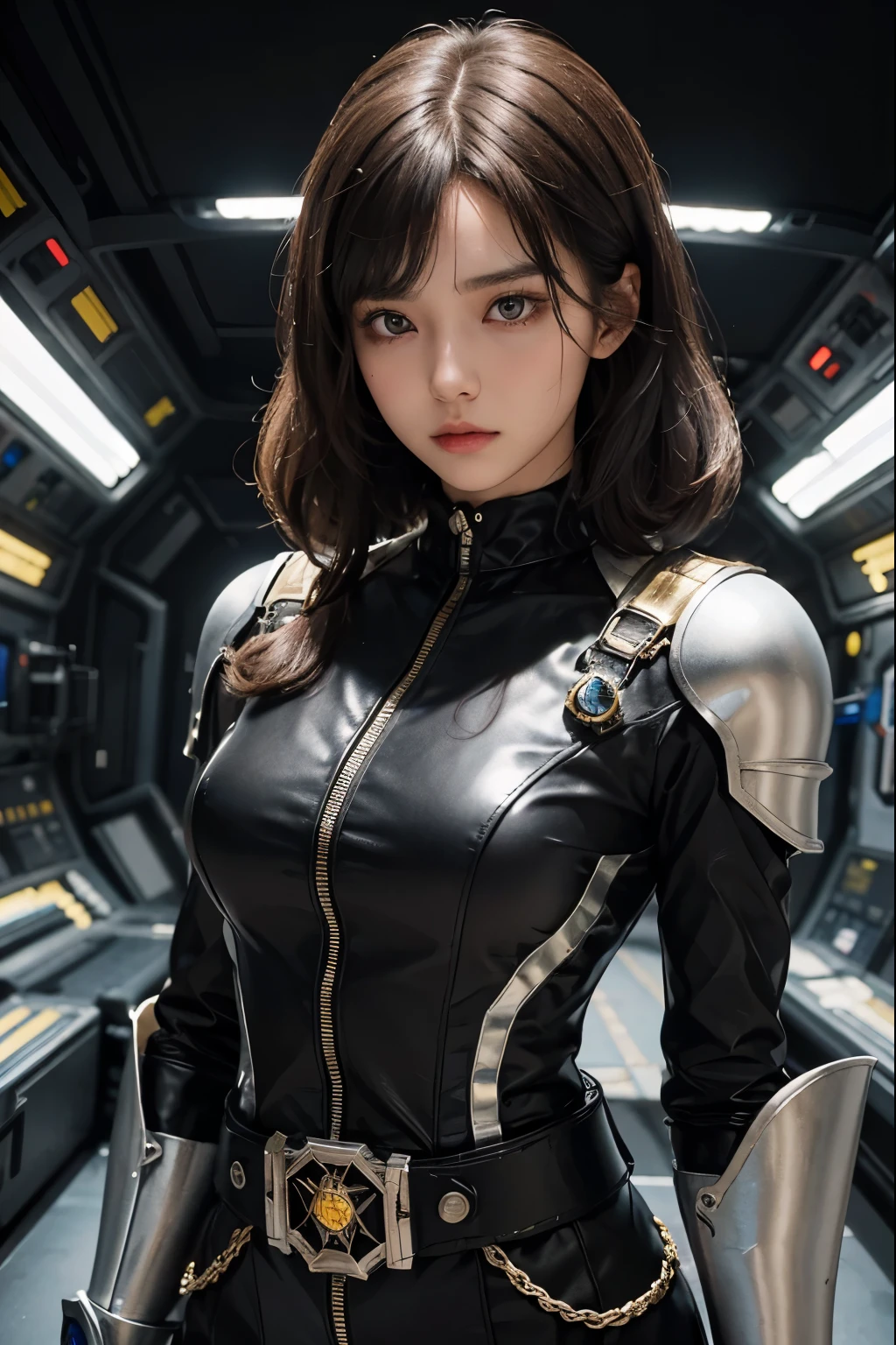 uma linda mulher. cabelo castanho escuro. Ela cortou a franja reta na testa. Vinte anos. Ela usa um uniforme de batalha preto metálico. Há algo na cintura dela que me lembra o cinto de transformação do Kamen Rider. Ela está olhando para a câmera com uma expressão desafiadora. Ela está dentro do hangar da nave.