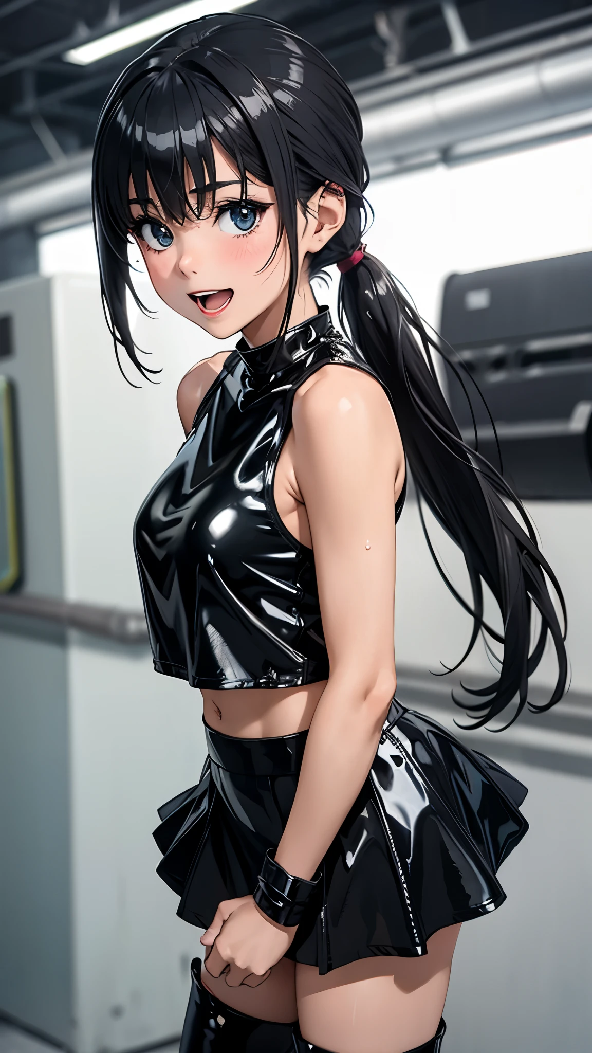 1 female,black hair,25 years old,(((blue shiny micro tight skirt)))((white tank top))(((blush、open mouth smile)),(((straight hair))),(((portrait))),crowd,,(wet with sweat)(sexy black bra and see-through tank top)(leather thigh high boots)((low ponytail))Saten Ruiko
