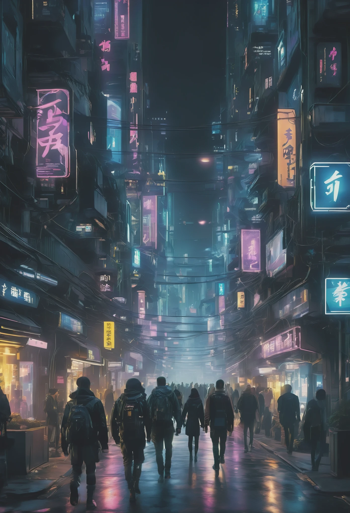 밤，불이 켜진 도시 거리를 걷는 사람들, 사이버펑크 스타일，공상 과학 소설，분주한