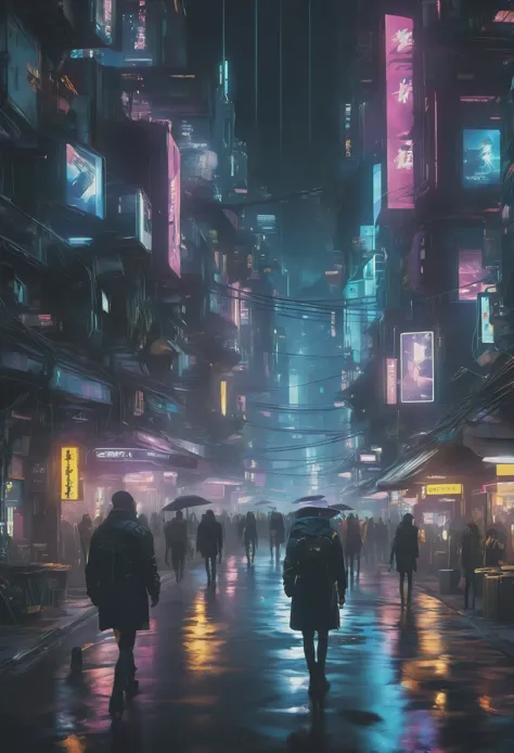 night，people walking on city streets with lights on, cyberpunk style，science fiction，bustling