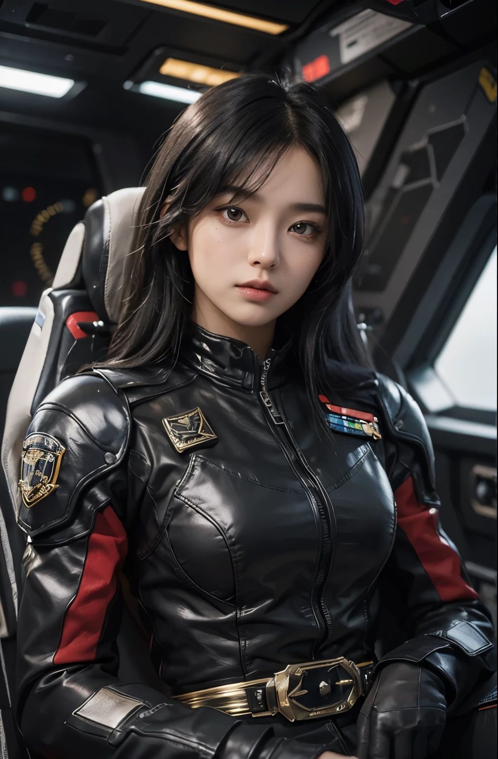 A beautiful woman. 25 years old. Black hair. She wears a black metallic combat uniform. There is something on his waist that is reminiscent of Kamen Rider's transformation belt. She is sitting in the pilot's seat of a small spaceship, piloting it. He is cornered by the enemy and is staring at the camera with a serious expression.