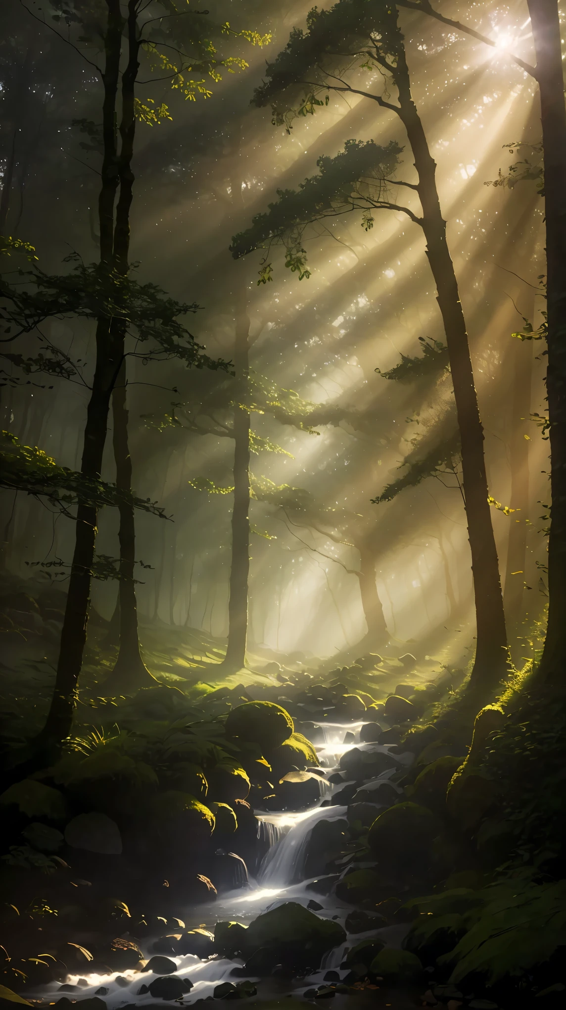  This photograph captures the ethereal beauty of a forest under the light, showcasing the Tyndall effect. As the sun shines through the trees, water vapor creates a mystical atmosphere. The distant glow adds to the intrigue of this enchanted forest, making it a perfect setting for exploration and adventure.