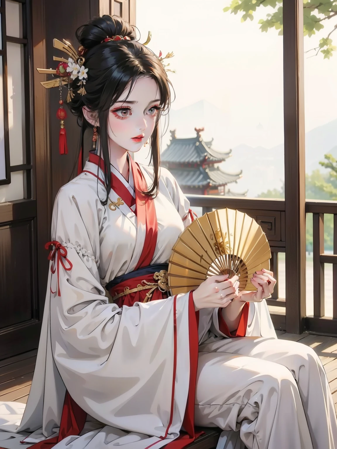 there is a woman in a white shirt holding a fan, white hanfu, palace ， a girl in hanfu, chinese style, with acient chinese clothes, chinese girl, elegant japanese woman, hanfu, chinese costume, traditional chinese clothing, traditional chinese, cheongsam, wearing ancient chinese clothes, chinese woman, cute elegant pose, inspired by Huang Ji