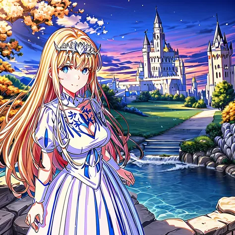 Best Quality, masterpiece,  , JSmile, wrist scrunchie, middle age castle background, Scrunchie, cleavage, , blush, 1angel, solo, Calca, Calca Bessarez, blonde hair, extremely long hair, very long hair, white tiara, white dress, blue eyes, medium chest, ver...