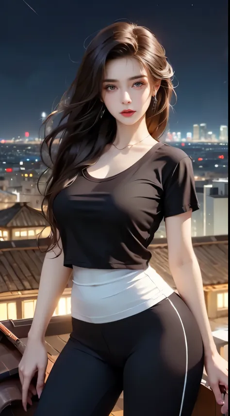 ((Best quality, 8k, Masterpiece :1.3)), Whole body, Long legs, Sharp focus :1.2, A pretty woman with perfect figure :1.4, Slender abs :1.1, ((Dark brown layered hair, Big breasts :1.2)), (White tight tshirt, Leggings, Standing:1.2), ((Night city view, Roof...