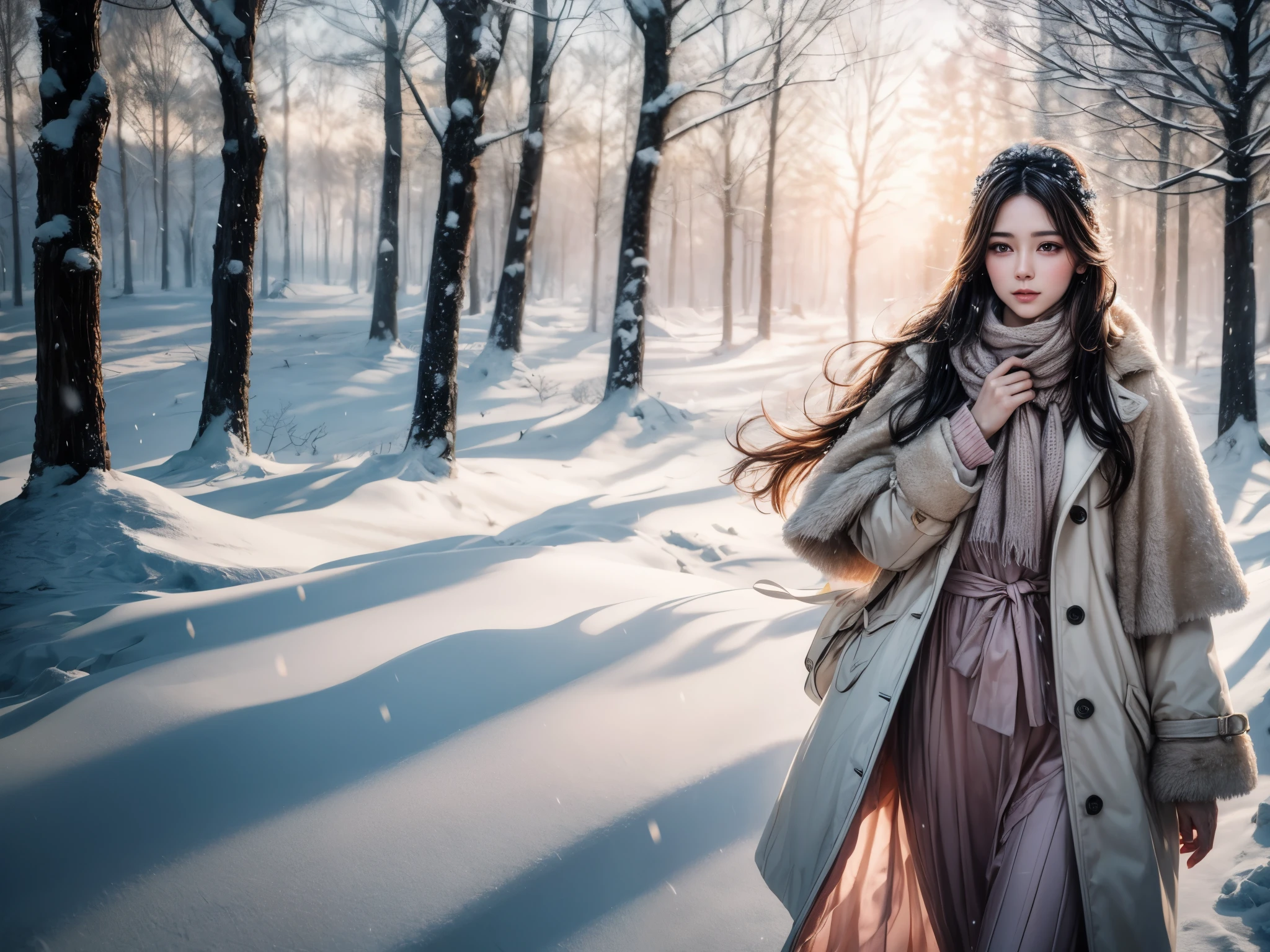 Tyndall Effect, best quality, realistic, oil painting, snowy landscape, beautiful detailed eyes, soft pink cheeks, warm winter coat, snow-covered trees, gentle snowflakes falling, soft natural light, serene atmosphere, professional artist, impressionistic style, pastel color palette