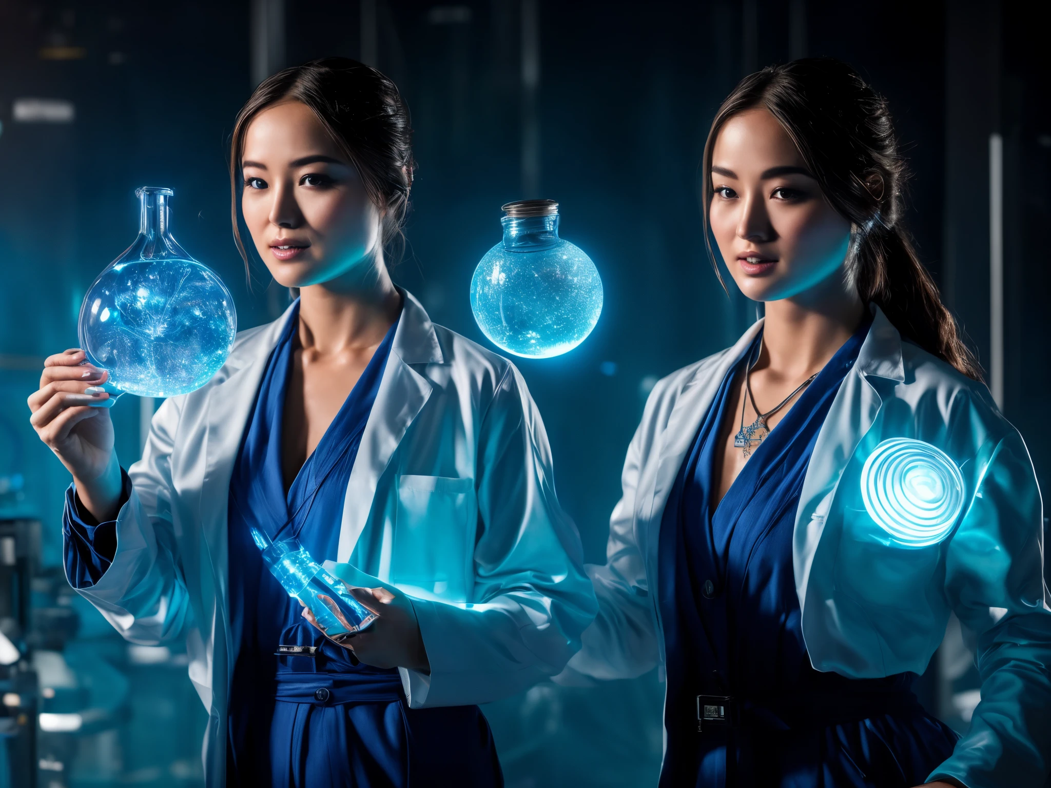 (best quality,4k,8k,highres,masterpiece:1.2),ultra-detailed,realistic:1.37,portrait,science fiction,blue color palette,soft lighting,the girl standing in front of a futuristic laboratory, wearing a white lab coat, mesmerizing blue eyes, intricate braided hair, a delicate silver necklace with a pendant resembling a molecule, she holds a glass flask filled with a translucent blue liquid, her fingers gently wrapped around it, the Tyndall Effect in action, creating a beautiful scattering of light particles in the air around her, her pose exudes confidence and intelligence, the laboratory is filled with high-tech equipment, holographic displays and glowing screens, the atmosphere is electric with scientific possibilities.