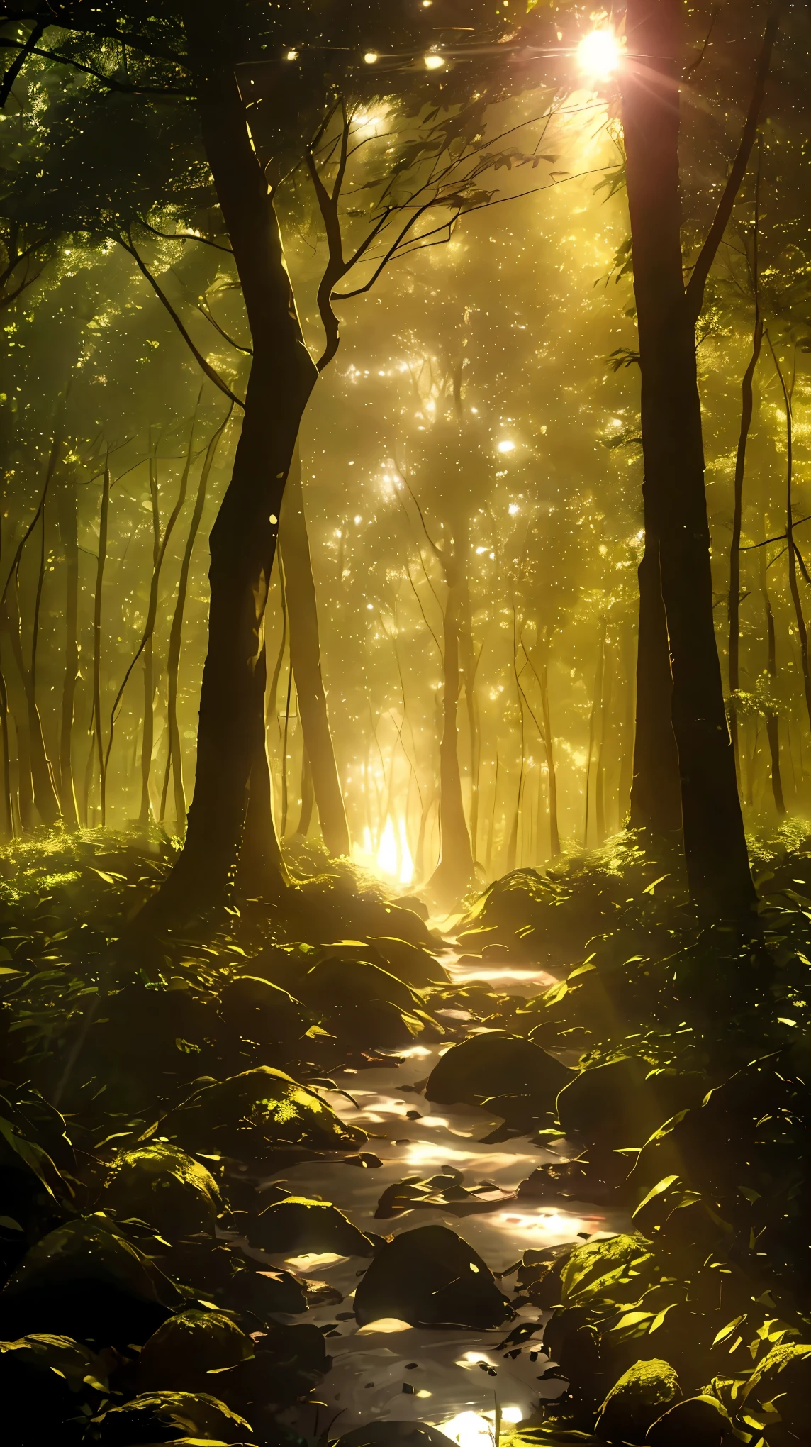  This photograph captures the ethereal beauty of a forest under the light, showcasing the Tyndall effect. As the sun shines through the trees, water vapor creates a mystical atmosphere. The distant glow adds to the intrigue of this enchanted forest, making it a perfect setting for exploration and adventure.