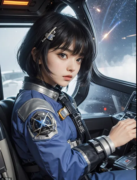 Outer space can be seen outside the window.A beautiful woman sits in the cockpit of a small space fighter. Black hair. Her bangs...