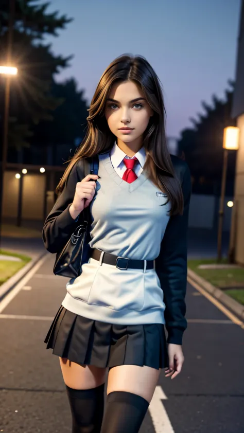 Nsfw, very very very sexy girl, brunette hair, parted hair style, 18 years old, wearing school uniform, holding a school bag, sc...