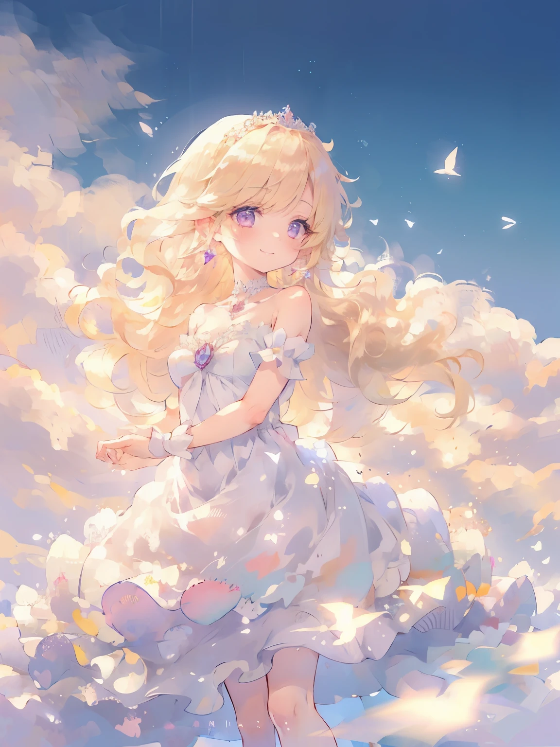 (highest quality, masterpiece, Super detailed, very detailed, exquisite, 16K,Full HD),A little closer,Soft lines,thin line,watercolor,golden ratio,dramatic lighting,pastel colour,seems to be happy,fly in the sky,soft lighting, ((alone:1.5)),blue sky,rainbow,White cloud,fluffy clouds,above the clouds,((head shot)),The magic of the rainbow,(fairy princess, purple eyes, long eyelashes,white skin,slim,pale pink plump lips,pale pink cheeks, The wind is blowing,bionde,thin and long,(thin and high nose,small nose),(giant fairy wings:1.2,flapping its wings),diamond tiara,diamond earrings,diamond earrings,Diamond Choker,(white ball gown dress:1.1), pure white lace and frills,(smile:1.2), (fantasy, romantic atmosphere), magic light,