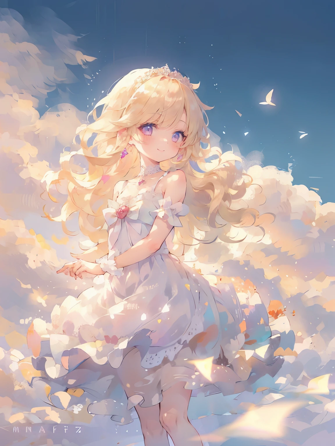 (highest quality, masterpiece, Super detailed, very detailed, exquisite, 16K,Full HD),A little closer,Soft lines,thin line,watercolor,golden ratio,dramatic lighting,pastel colour,seems to be happy,fly in the sky,soft lighting, ((alone:1.5)),blue sky,rainbow,White cloud,fluffy clouds,above the clouds,((head shot)),The magic of the rainbow,(fairy princess, purple eyes, long eyelashes,white skin,slim,pale pink plump lips,pale pink cheeks, The wind is blowing,bionde,thin and long,(thin and high nose,small nose),(giant fairy wings:1.2,flapping its wings),diamond tiara,diamond earrings,diamond earrings,Diamond Choker,(white ball gown dress:1.1), pure white lace and frills,(smile:1.2), (fantasy, romantic atmosphere), magic light,