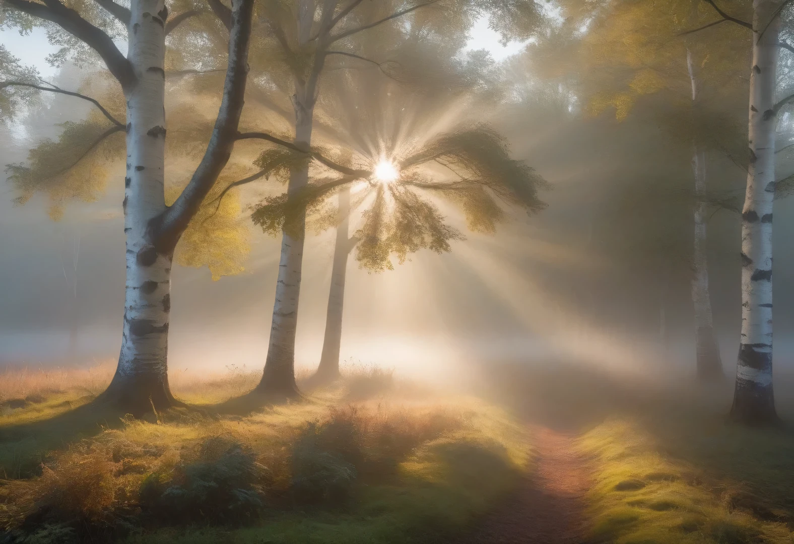 A fotografia de paisagem foi tirada com uma câmera Canon EOS R5 e uma lente Canon RF 70-200mm F2...8L ESM USM, Bela paisagem matinal de uma manhã nevoenta em um bosque de bétulas., nevoeiro leve e sol, rays break through the branches of a birch tree and create a Efeito Tyndall in the fog, (Efeito Tyndall:1.5), Rastreamento de raio, distribuição clara da luz solar através dos galhos, raios refratam na neblina