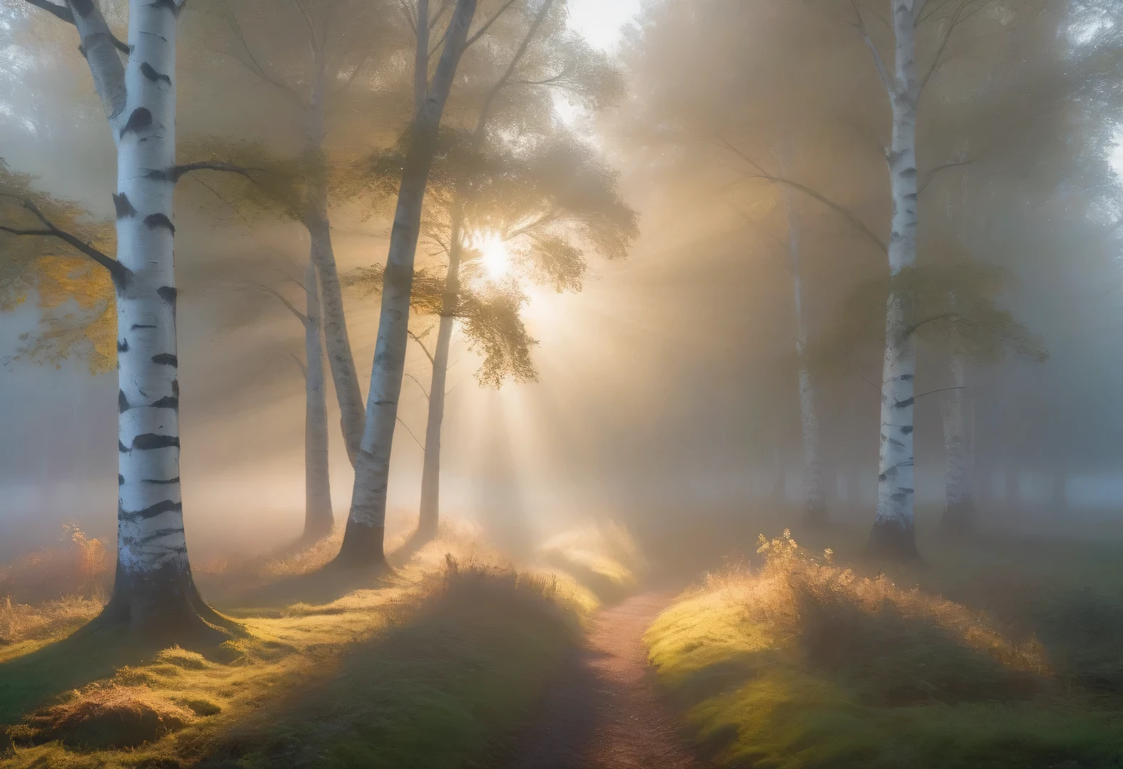 La photographie de paysage a été prise avec un appareil photo Canon EOS R5 et un objectif Canon RF 70-200 mm F2....8L ESM USM, Beau paysage matinal d&#39;un matin brumeux dans un bosquet de bouleaux., léger brouillard et soleil, rays break through the branches of a birch tree and create a Effet Tyndall in the fog, (Effet Tyndall:1.5), Tracé laser, répartition claire de la lumière solaire à travers les branches, les rayons se réfractent dans le brouillard