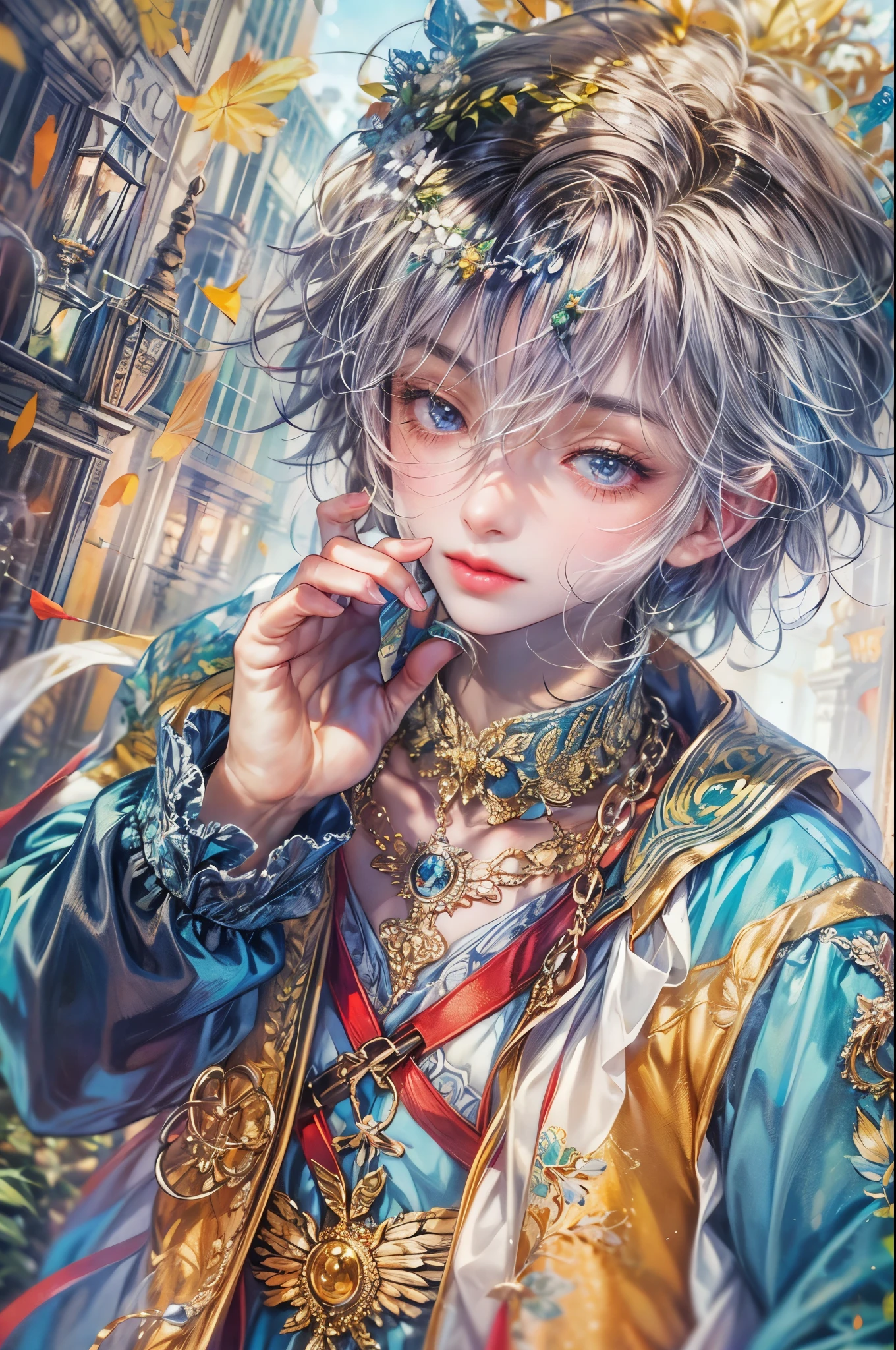 ((Best quality)), ((masterpiece)), (detailed), ((perfect face)), ((halfbody)) handsome face, male, teen boy,  perfect proportions , a male version of the character from date a live anime, colorful outfit, detailed scenery background 