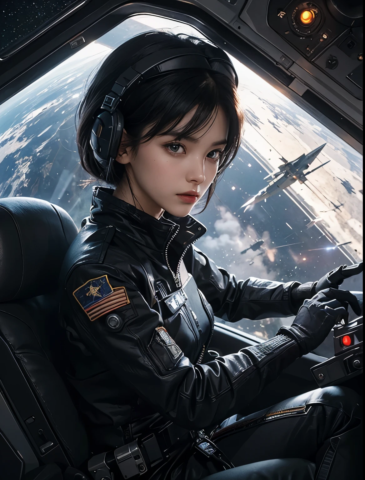 A beautiful woman piloting a small space fighter. She is looking at the camera with a serious expression. Black hair. 23 years old. She wears a black metallic combat uniform. From the window of the spaceship, you can see the pitch-black space and the twinkling stars.