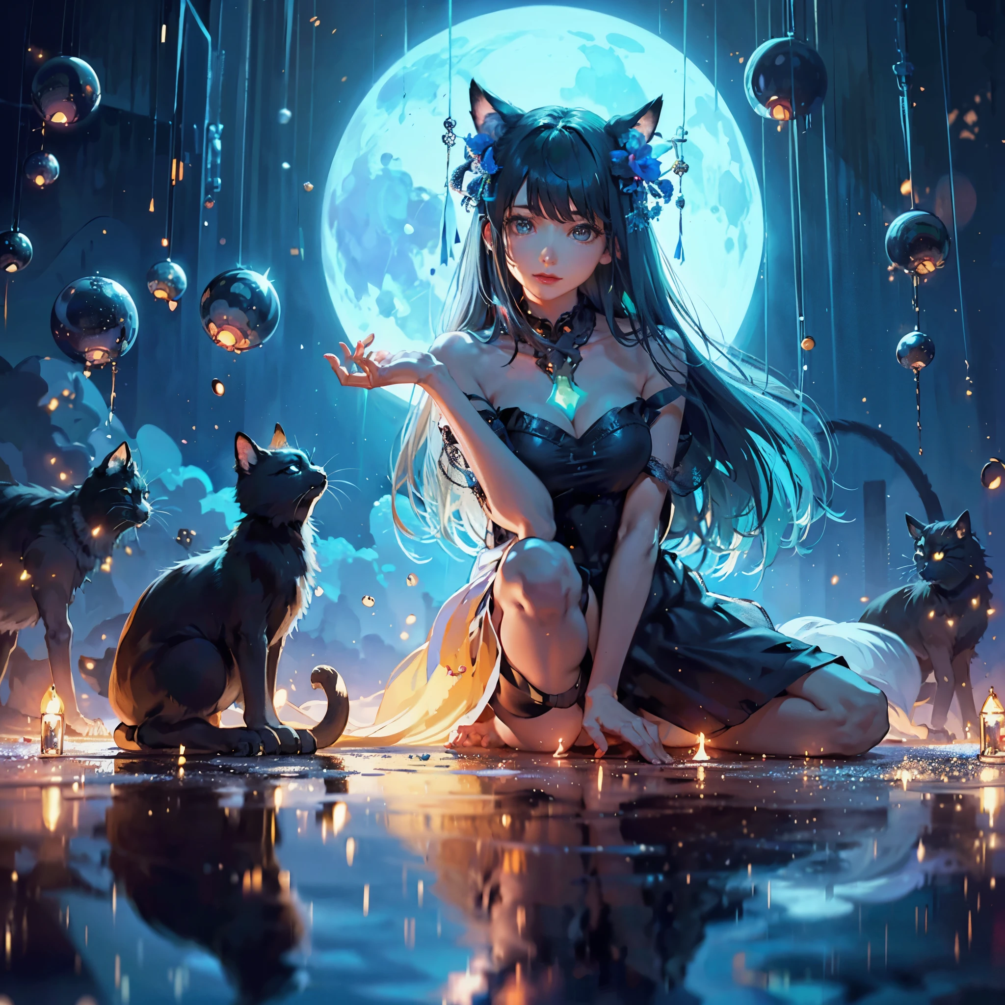 Beautiful moonlit night seaside, waves illuminated by moonlight, Calm and quiet waves、Very beautiful cat ears woman looking at you on the beach at night, mysterious smile, beautiful black eyes, long black hair, (( The woman's face is beautiful and detailed)), Wet and glowing, black dress, black semi-long cart, Barefoot)), ((highest quality)), ((high resolution 16k)), ((The background is realistic and beautiful.)), --automatic